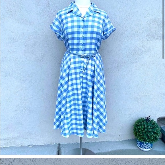 UNIQUE VINTAGE dress plaid Blue Gingham Alexis Swing Dress belted POCKET 3X 3XL - Picture 11 of 11